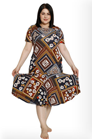 Kadın Desenli Cepli Kısa Kollu %100 Viskon Büyük Beden Elbise