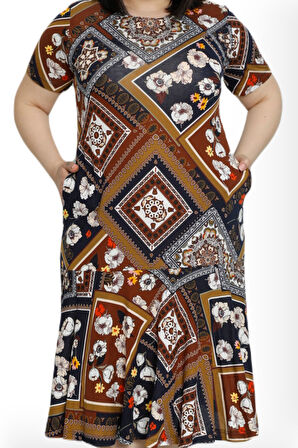 Kadın Desenli Cepli Kısa Kollu %100 Viskon Büyük Beden Elbise