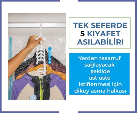 Family Co. 5 Askılı Vakumlu Saklama Poşeti, Yerden Tasarruf, Giysiler, Takım Elbiseler, Montlar veya Ceketler İçin, Şeffaf ve Yeniden Kullanılabilir Dolap Düzenleyici Uzun 70x100 cm (Large)
