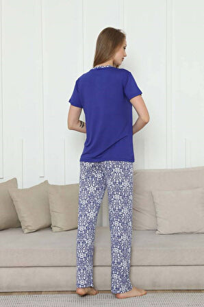 Kadın Saks Mavi 3 Düğmeli Etnik Desen Likralı Viskon Kısa Kol Pijama Takımı