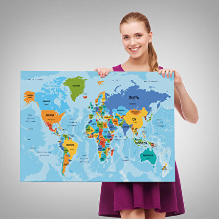 Harita Sepeti Türkçe Dünya Haritası Ülke Başkentli ve Okyanuslu Dekoratif Kanvas Tablo 2260