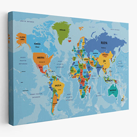 Harita Sepeti Türkçe Dünya Haritası Ülke Başkentli ve Okyanuslu Dekoratif Kanvas Tablo 2260