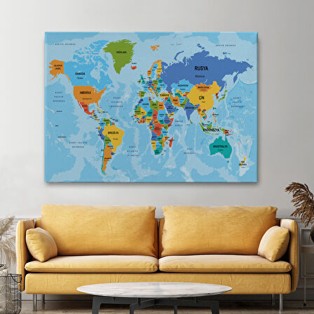 Harita Sepeti Türkçe Dünya Haritası Ülke Başkentli ve Okyanuslu Dekoratif Kanvas Tablo 2260