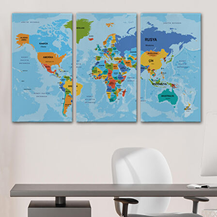 Harita Sepeti Türkçe Dünya Haritası Ülke Başkentli ve Okyanuslu Dekoratif Kanvas Tablo 2260