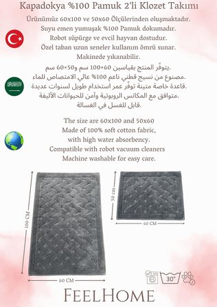 Kapadokya Yumuşacık Süper Emici 2'li 100% Pamuk Ultra Lüks Banyo Paspası Seti Gri