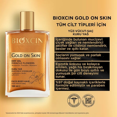 Gold On Skin Kuru Yağ – Yasemin, Manolya, Hanımeli, Kalendula ve Hindistan Cevizi Yağları İçeren Işıltı Veren Nemlendirici – 100 ml – Tüm Cilt Tipleri İçin