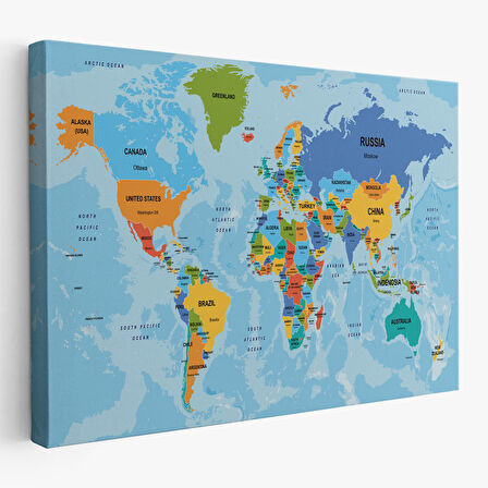 Harita Sepeti Dünya Haritası Ülke Başkentli Okyanuslu ve Dekoratif Kanvas Tablo 2261