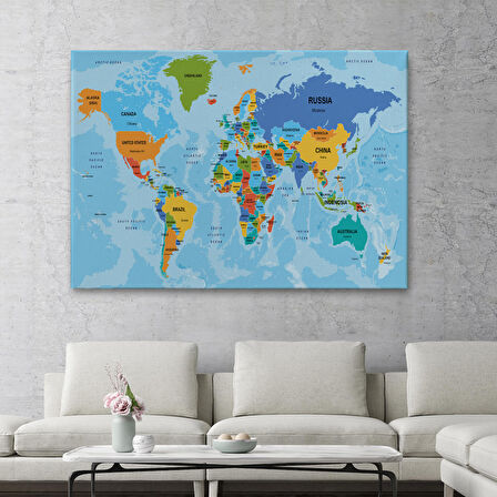 Harita Sepeti Dünya Haritası Ülke Başkentli Okyanuslu ve Dekoratif Kanvas Tablo 2261