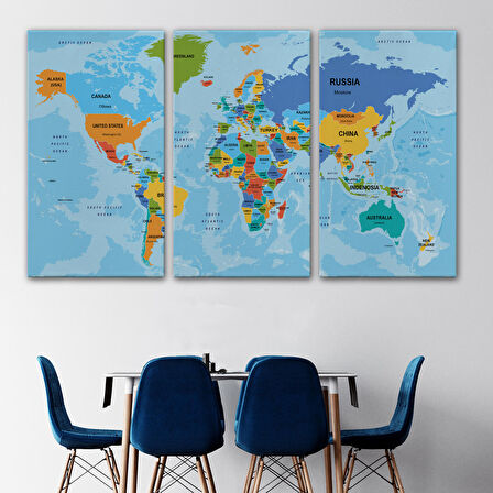 Harita Sepeti Dünya Haritası Ülke Başkentli Okyanuslu ve Dekoratif Kanvas Tablo 2261