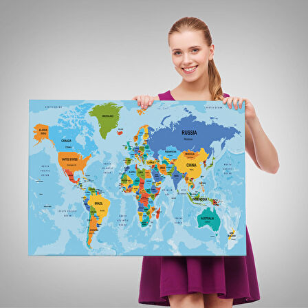 Harita Sepeti Dünya Haritası Ülke Başkentli Okyanuslu ve Dekoratif Kanvas Tablo 2261