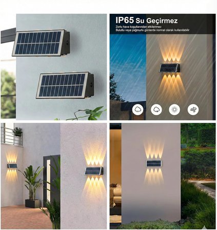 20W Güneş Enerjili Dış Mekan Bahçe Duvar Lambası - Cata Kos Solar LED Aplik - IP65 Su Geçirmez, 3200K Gün Işığı &amp; Amber Dekoratif Aydınlatma (Gün Işığı)