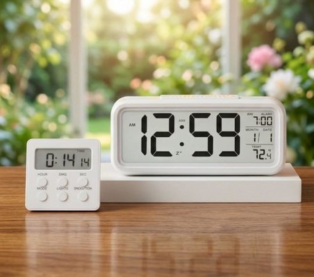 MR LED Ekranlı Dijital Masa Saati &amp; 2 Alarm Kademeli Kronometre Seti – Alarm, Tarih, Sıcaklık Göstergeli Modern Masa Saat Seti (BEYAZ Kronometre)