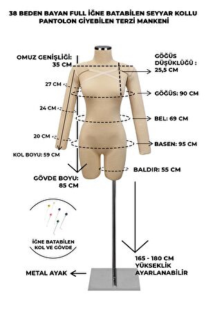 38 Beden Üst ve Alt Grup Pantolon Giyebilen Kollu İğne Batabilen Prova Mankeni Terzi Mankeni