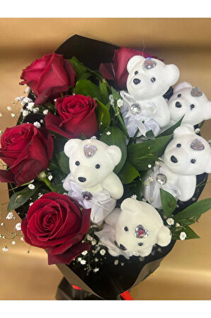Kırmızı gül ve ayicik buketi