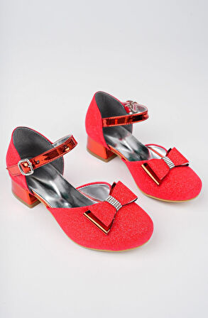 Kız Çocuk Kırmızı Abiye Simli Kum Detaylı Fiyonklu Ayakkabı 