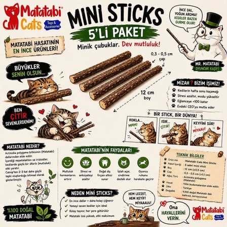 Mini Sticks 5’li |Doğal ince Matatabi çubuğu Kedi Oyuncağı | İnce Çiğneme Çubuğu | Kedi Diş Bakımı | 12 cm