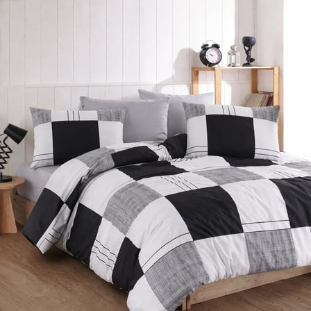 Lüks%80 Pamuklu Çift Kişilik Nevresim Takımı Seti Yorgan Kılıfı Siyah Gri Beyaz Kareli Desen 200x220 cm + Lastikli Battal Boy Çarşaf 180x200x30 cm +2 Yastık Kılıflı 50x70 cm