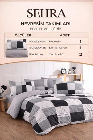 Lüks%80 Pamuklu Çift Kişilik Nevresim Takımı Seti Yorgan Kılıfı Siyah Gri Beyaz Kareli Desen 200x220 cm + Lastikli Battal Boy Çarşaf 180x200x30 cm +2 Yastık Kılıflı 50x70 cm