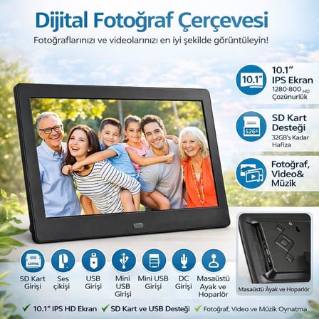 Dijital Fotoğraf Çerçevesi, 7 İnç / 10 İnç, Siyah, USB ve SD Kart Destekli, Video Müzik Saat Takvim, Kumandalı (İnç, 10)