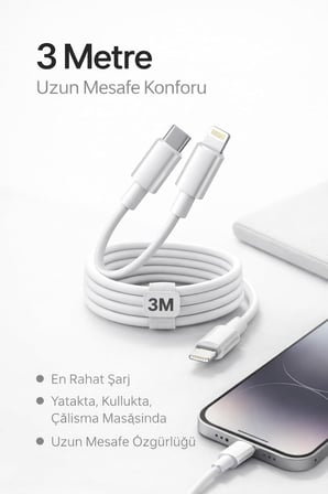İPhone Uyumlu USB-C to Lightning Şarj ve Data Kablosu, Beyaz 3M