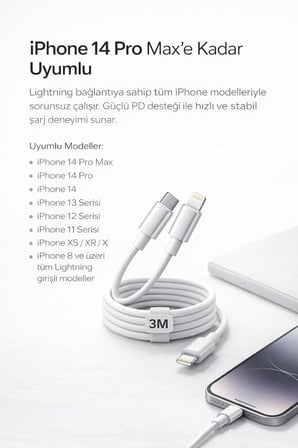 İPhone Uyumlu USB-C to Lightning Şarj ve Data Kablosu, Beyaz 3M