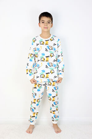 Erkek Çocuk Baskılı interlok Kumaş Uzun Kollu Pijama Takımı
