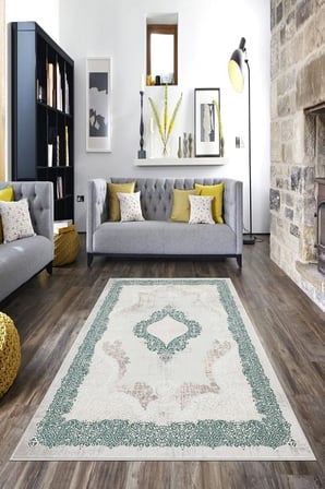 Pelangi Yeşil Çerçeve Osmanlı Motifler Yıkanabilir Kaymaz Taban Leke Tutmaz Modern Salon Halısı Ve Yolluk, Yeşil 80 x 200