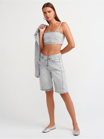 50735 Askılı Kısa Denim Straplez-Gri