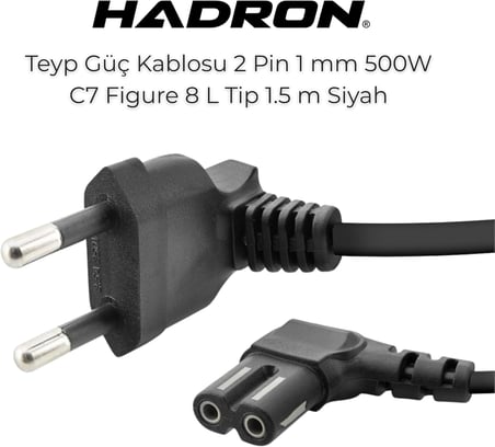 HADRON C7 Figure 8 L Tip Teyp Güç Kablosu 1.5 Metre - TV, Radyo, Uydu Alıcısı için 90° Açılı 2 Pin 1 mm 500W Power Kablosu - Siyah