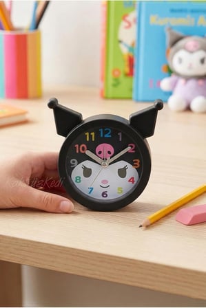 Kuromi Figürlü Dekoratif Mini Çocuk Odası Masa Saati, Sesli Alarm Fonksiyonlu, Siyah, 10x10 cm