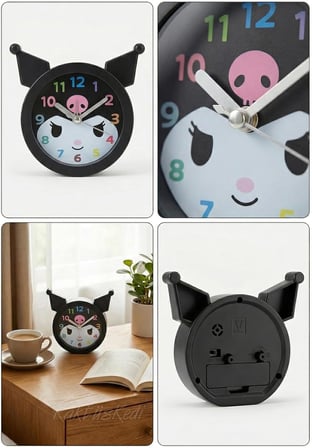 Kuromi Figürlü Dekoratif Mini Çocuk Odası Masa Saati, Sesli Alarm Fonksiyonlu, Siyah, 10x10 cm