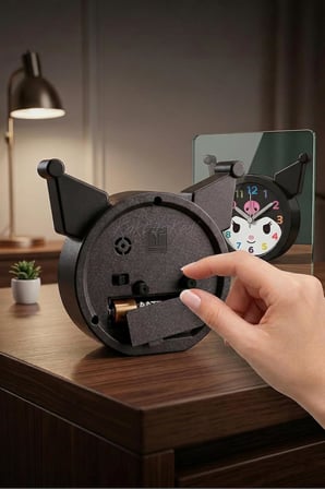 Kuromi Figürlü Dekoratif Mini Çocuk Odası Masa Saati, Sesli Alarm Fonksiyonlu, Siyah, 10x10 cm