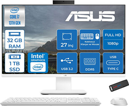 Asus V470VAK Intel Core I7-13620H 32GB Ddr5 1tb SSD 27'' Fhd 100Hz 300NITS Freedos  Beyaz Allınone Bilgisayar ABI716512W0DF13+ZETTAUSBBELLEK
