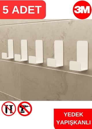 Yapışkanlı Beyaz Askılık Kapı Arkası Bornoz Askılığı Yapışkanlı Mutfak Banyo Askılığı Havlu, Elbise Askılığı 5'li set 3M Yapışkanlı Tasarım MT78B