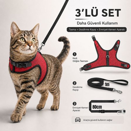 Kaçış Önleyici Kedi Gezdirme Tasması Ve Küçük Irk Köpek Gezdirme Tasması Kedi Göğüs Tasması Seti (Small)