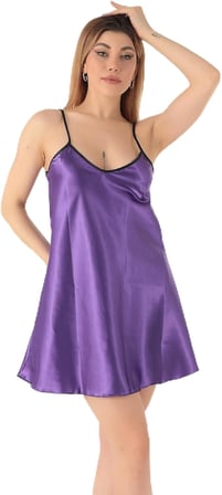 İnce Askılı Mini Saten Gecelik-336,Eflatun Xl