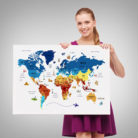 Harita Sepeti Türkçe Dünya Haritası Kanvas Tablo Ülke-Başkentli Öğretici ve Sembollü 2266