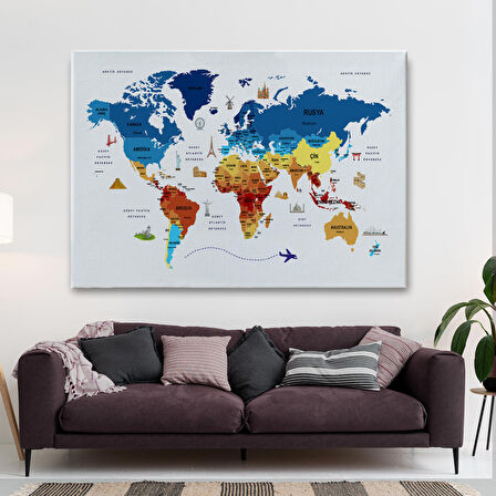 Harita Sepeti Türkçe Dünya Haritası Kanvas Tablo Ülke-Başkentli Öğretici ve Sembollü 2266