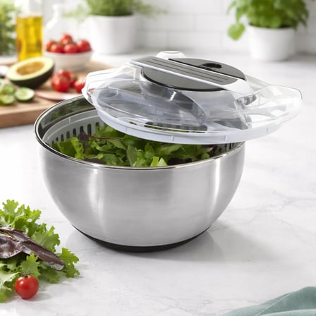 Paslanmaz Çelik Salata Kurutucu (Salad Spinner) – Kapaklı Süzgeç Sepetli, Kaymaz Taban, Hızlı Kurutma &amp; Karıştırma Kasesi, Büyük Boy Mutfak Hazırlık Kabı