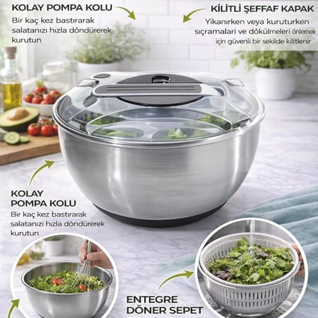 Paslanmaz Çelik Salata Kurutucu (Salad Spinner) – Kapaklı Süzgeç Sepetli, Kaymaz Taban, Hızlı Kurutma &amp; Karıştırma Kasesi, Büyük Boy Mutfak Hazırlık Kabı