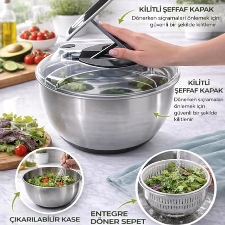 Paslanmaz Çelik Salata Kurutucu (Salad Spinner) – Kapaklı Süzgeç Sepetli, Kaymaz Taban, Hızlı Kurutma &amp; Karıştırma Kasesi, Büyük Boy Mutfak Hazırlık Kabı