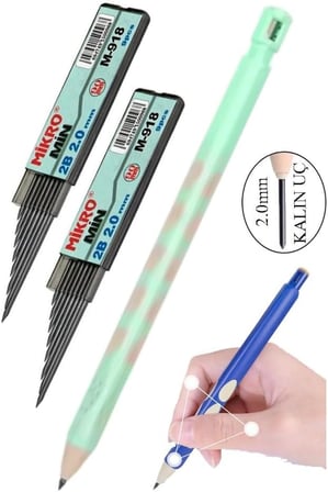 Kalın Uçlu Versatil Kalem 2.0 mm Açık Yeşil 1 Adet ve 2.0 Mm Kalın Uç Siyah 2 Adet Kalın Uçlu Mekanik Kalem