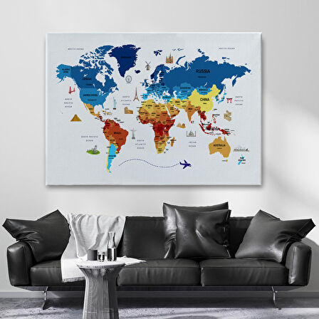 Harita Sepeti Dünya Haritası Dekoratif Kanvas Tablo Ülke ve Başkentli Öğretici ve Sembollü 2267