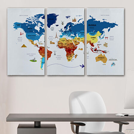 Harita Sepeti Dünya Haritası Dekoratif Kanvas Tablo Ülke ve Başkentli Öğretici ve Sembollü 2267