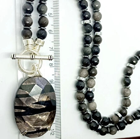 2267 Hypersthene gümüş Obsidyen el yapımı kolye