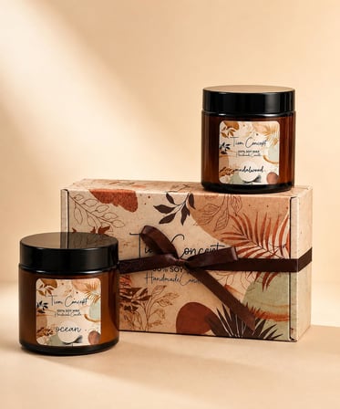 Kokulu Mum 2'Li Set Soya Mum Hediye Seti, Sandalagaci Ve Okyanus Aromali Amber Kavanoz Mumlar %100 Dogal Soya Wax, Ozel Tasarim Kutulu