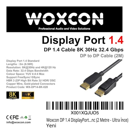 DP 1.4 DisplayPort Kablo 32.40 Gbps Bandwith HBR3 8K 30Hz, 4K 120Hz, 4K 60Hz, 2K 240Hz, 2K 165Hz, 1080p 240Hz Destekli HDR, FreeSync, G-Sync (2 Metre) -