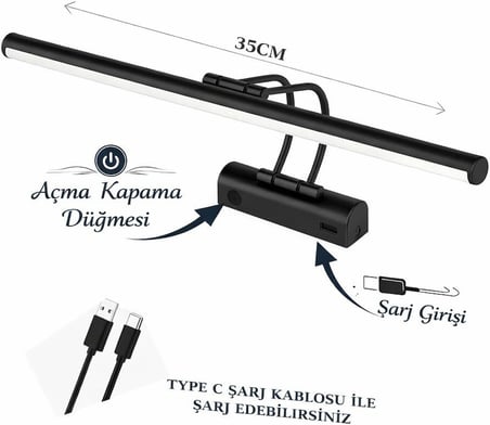 Sarjlı LED Flüt Resim Aplik | 6W | 3200K Gün Işığı | 35cm | Duvar Tipi Ayna/Tablo Üstü Dekoratif Işık | IP20 İç Mekan Kullanım (Siyah Kasa)