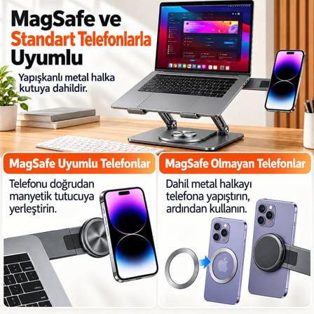 McStorey 2'si 1 Arada Laptop Standı, Karbon Çelik 360° Döner Yükseklik Ayarlı, Gizlenebilir MagSafe Uyumlu Telefon Tutuculu Notebook Standı, MacBook Uyumlu, 17.3 İnçe Kadar Gri