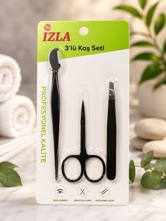 IZLA 3'lü Kaş Bakım Seti, Cımbız, Makas ve Kaş Fırçası, Paslanmaz Çelik, Profesyonel Şekillendirme